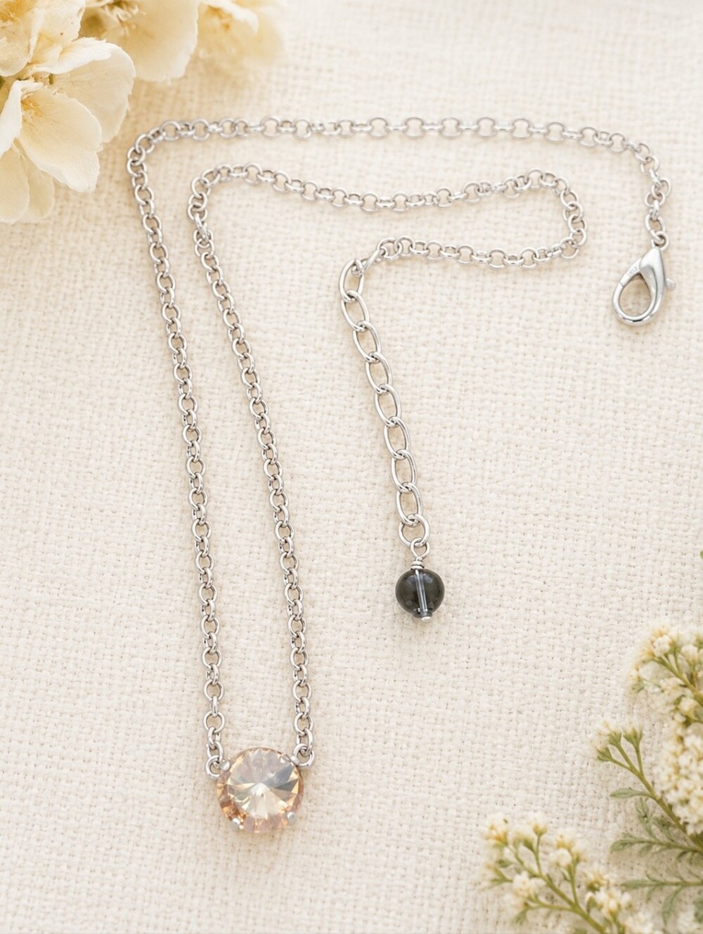 Golden Shadow Crystal Necklace w/ Blue Charm | Handmade Silver Rolo Chain